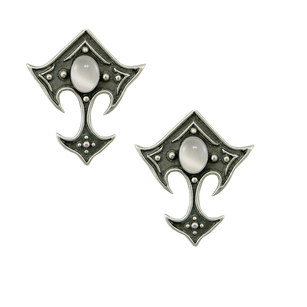 Sterling Silver Gothic Inspired Designer Drop Dangle Earrings With White Moonstone